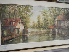 An oil on canvas country scene, unsigned, image 79cm x 39cm, frame 93cm x 52cm