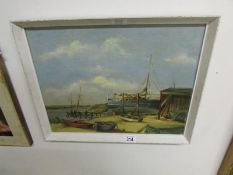 A framed oil on board boatyard scene