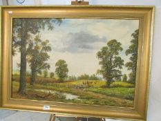 A gilt framed oil on canvas 'The Hunt' signed C Vokes, image 24cm x 59cm, frame 89cm x 64cm