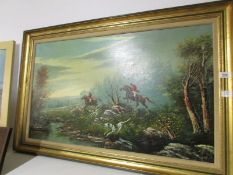 A gilt framed oil on canvas hunting scene signed Sanchez, image 99cm x 58cm, frame 117cm x 74cm
