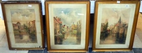 3 framed and glazed continental pictures 'City on River'