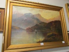 An oil on canvas 'Lake with mountains in background' F.Pienner? A/F, image 75cm x 50cm, frame 91cm x