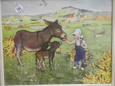 A framed and glazed print of a child feeding donkeys, image 55cm x 43cm, frame 61cm x 48cm