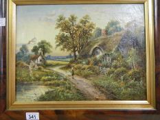 A framed oil on canvas thatched cottage scene signed Stanley Clark, image 40cm x 30cm, frame 54cm