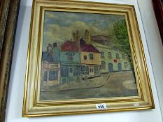 An oil on canvas 'Town street scene', image 39cm x 39cm, frame 49cm x 49cm