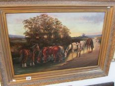 An oil on canvas 'Watering the Horses' A.H.Trengrove, image 74cm x 49cm, frame 97cm x 72cm