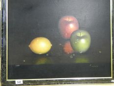 A still life oil on canvas of apples and lemon signed K Myles, image 60cm x 50cm