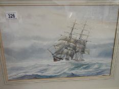 A framed and glazed watercolour of a ship in stormy seas signed David G Bell, image 43cm x 29cm,