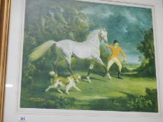 A large gilt framed and glazed print of a huntsman leading his horse, signed Raoul Millais, 314 of