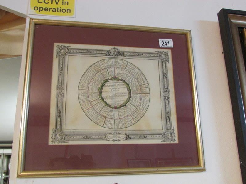 A framed and glazed chart, distances of European countries etc from Paris