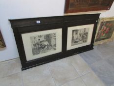 An oak overmantle with 2 Victorian prints, 'The Spinster' and 'The Bachelor