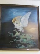 An oil painting on board of an owl and prey signed William Henry King, image 90cm x 100cm, frame