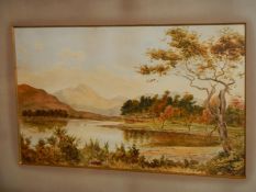 A gilt framed watercolour 'English lake with mountains in background. image 43 x 27cm, frame 79 x