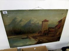 An oil on canvas mountain lake scene a/f, 77cm x 51 cm