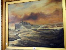 A large gilt framed oil painting of HMS