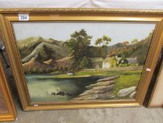A gilt framed oil on board cottage by lake signed Grossi, image 59cm x 43cm, frame 70cm x 53cm