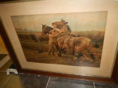 A large oak framed and glazed Victorian print of farm boy with horses, image 80cm x 55cm, frame