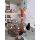 A Carnival glass bowl, vase, glass cat a