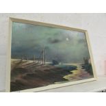 A 1950's oil on board, Beach scene in mo