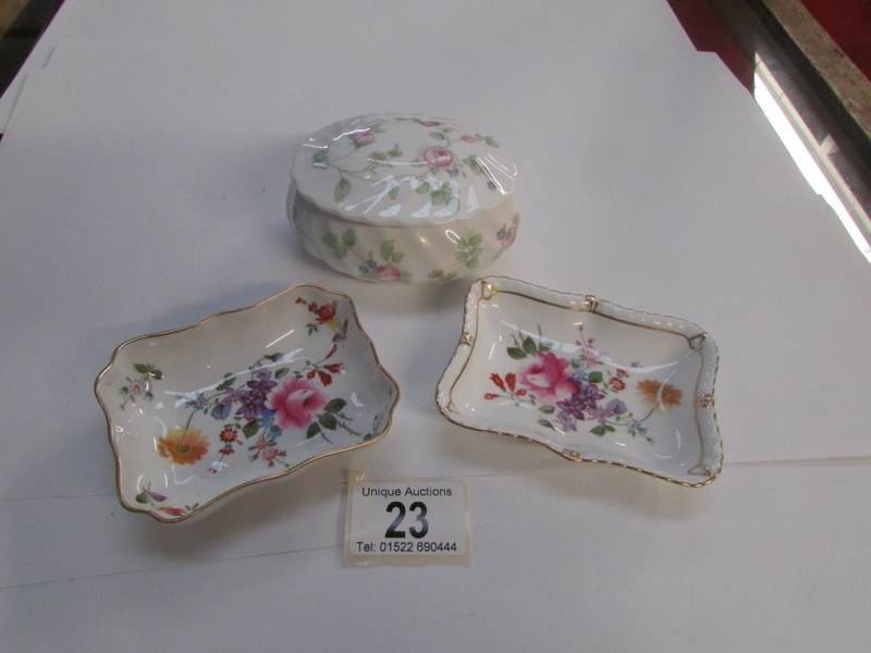 2 Royal Crown Derby pin dishes and a lid