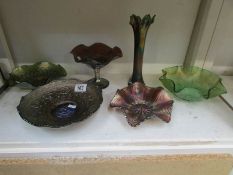 6 pieces of carnival glass including vas