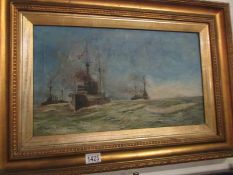 A gilt framed oil on canvasof 3 naval ba