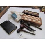 A cased set of dominoes, chess, darts, p