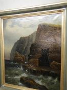 An oil on canvas cliff scene with seagul