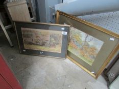 2 watercolours, woodland scene and cotta