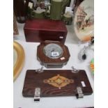 A mahogany box with brushes, barometer a