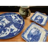 2 blue and white shredded wheat dishes,