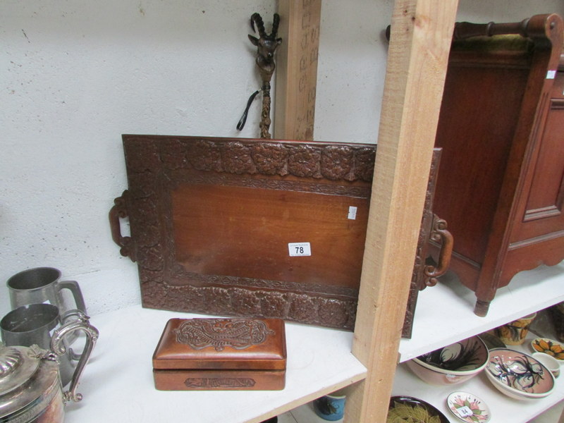 A carved wood tray and a carved wood box