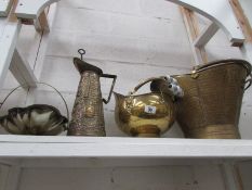 2 brass coal scuttles, brass jug and pla