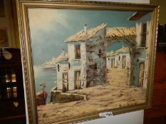 An oil on canvas Greek village scene