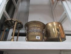 A brass log bin, brass jardiniere and br