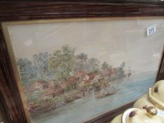 A framed watercolour river scene signed