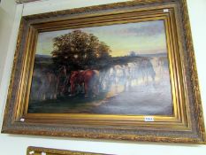 A gilt framed oil on canvas, watering ho