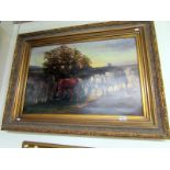 A gilt framed oil on canvas, watering ho