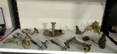 A mixed lot of brass piano sconces and a