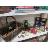 A mixed lot including wicker basket, cas