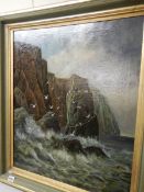 A framed oil on canvas cliffs with seagu