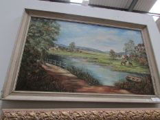 An oil on canvas river landscape by Muri