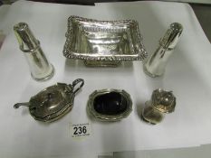 A silver plate dish and 2 condiment sets