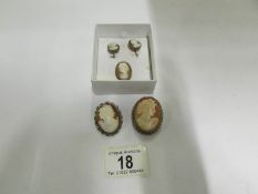 3 cameo brooches and a pair of cameo ear