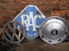 A RAC sign, VW sign & Rover hub cap