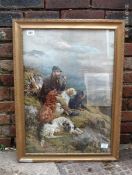 A framed and glazed print of hunter with
