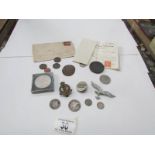 A quantity of pins, stamps, coins etc