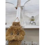 An owl figure and 3 owl macrame' pieces