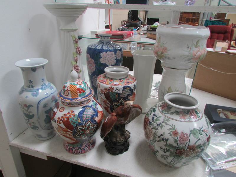 6 vases, a jardiniere on stand and an ea