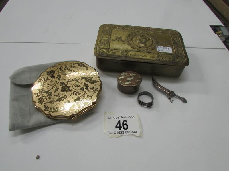 A WW1 Christmas tin, a silver ring, a wh